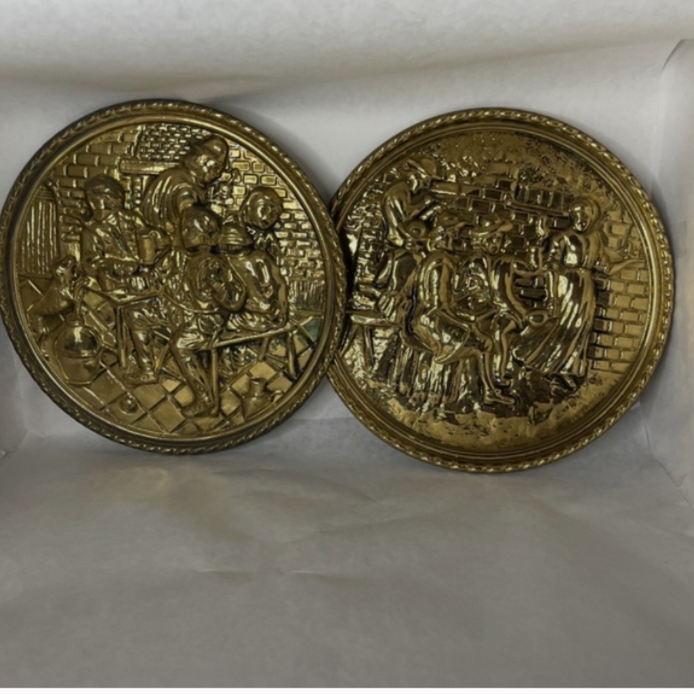2 Vintage Peerage/Lombard Brass Embossed Wall Hanging Plates - Made In England